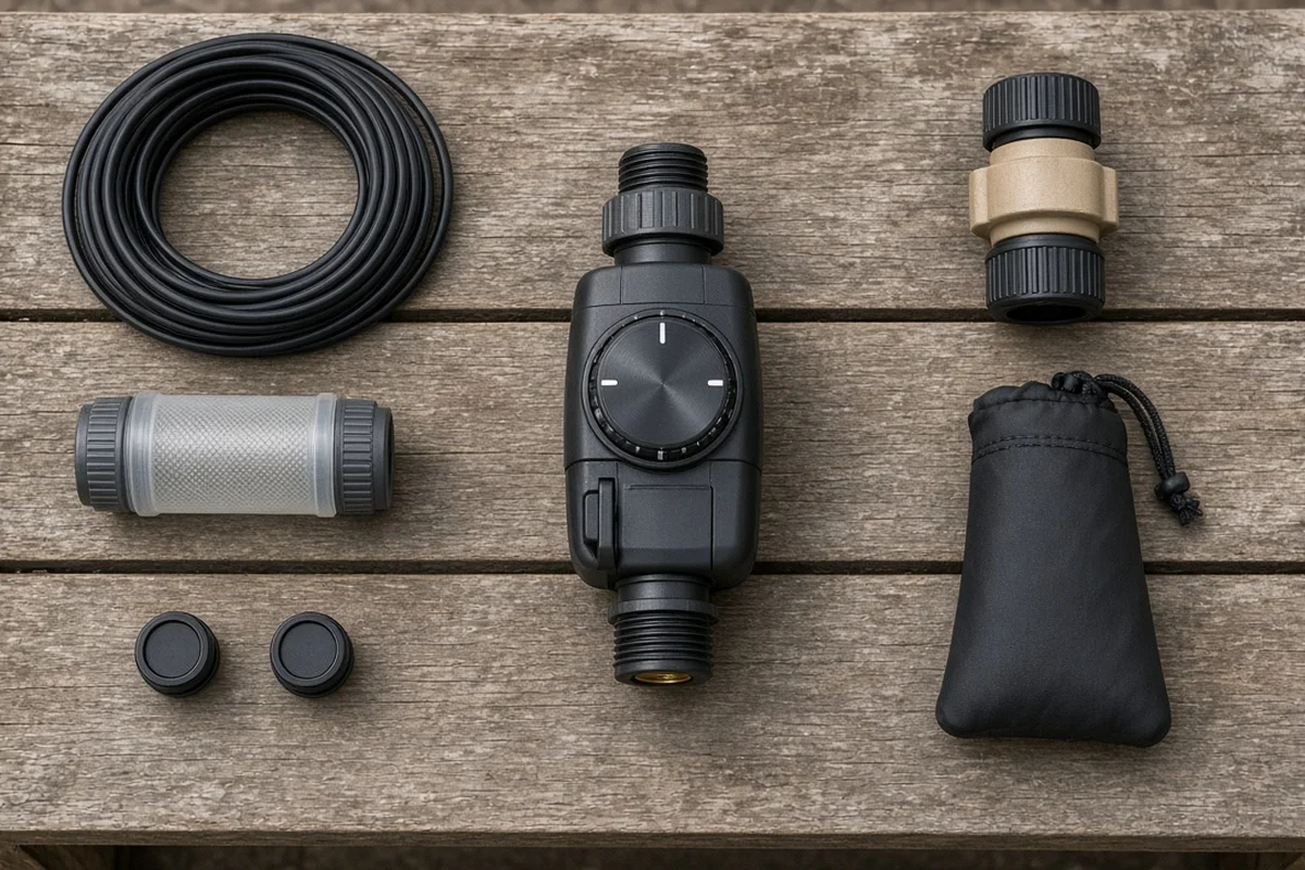 Drip irrigation timer, filter and pressure regulator laid out on a workbench for winter storage