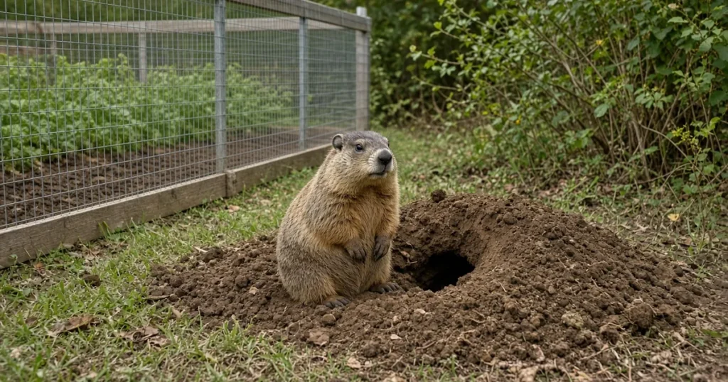 Woodchuck beside its burrow mound near a fenced backyard garden