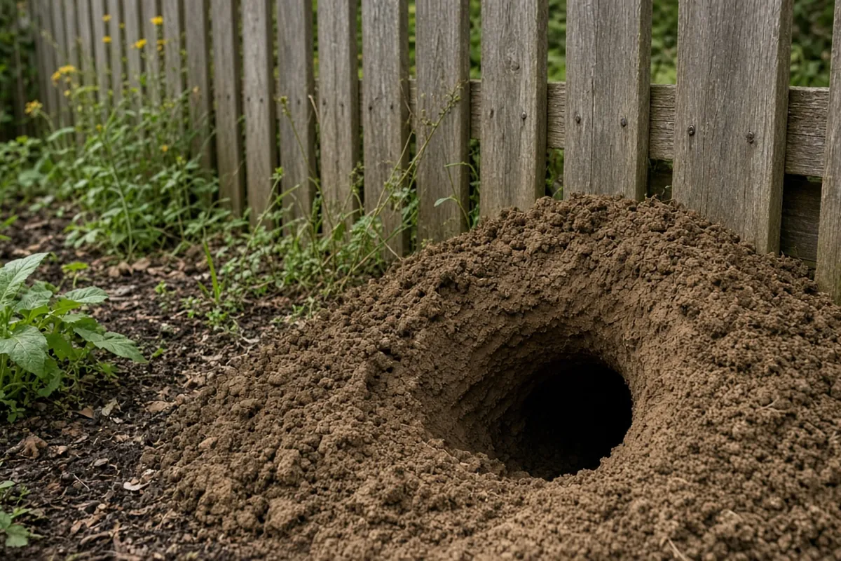 Large woodchuck burrow entrance with a mound of fresh soil beside a fence row