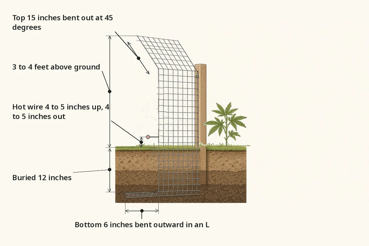 Side view of a wire fence standing 3 to 4 feet above ground, buried 12 inches with an outward L footer, top bent out at 45 degrees and a hot wire 4 to 5 inches high outside