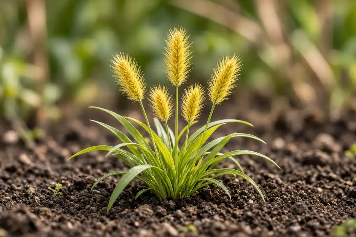 Yellow foxtail tuft with upright bristly yellow seed heads on dark soil