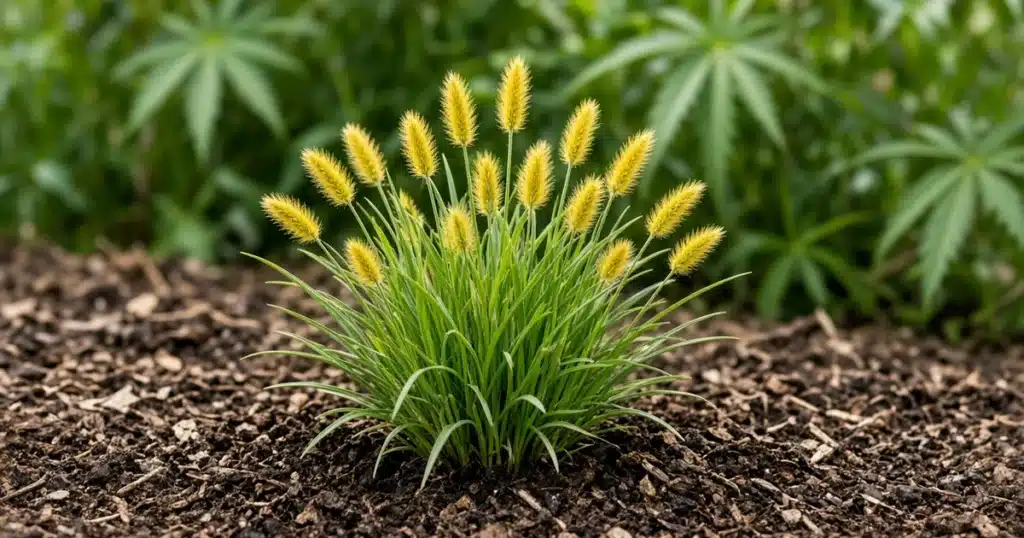 Yellow foxtail clump with bristly yellow seed heads in a mulched garden bed
