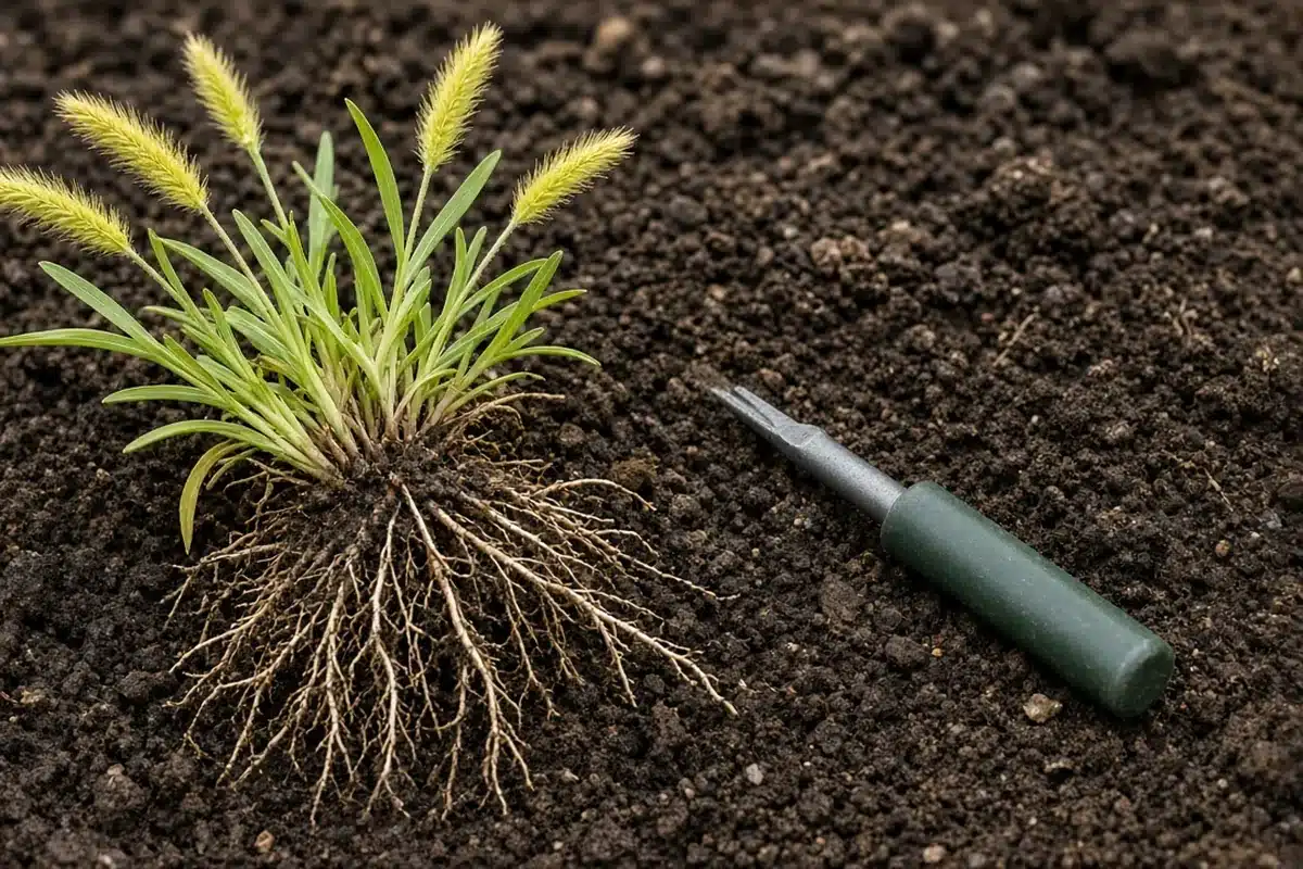 Pulled yellow foxtail with seed heads and fibrous roots beside a green-handled weeding knife
