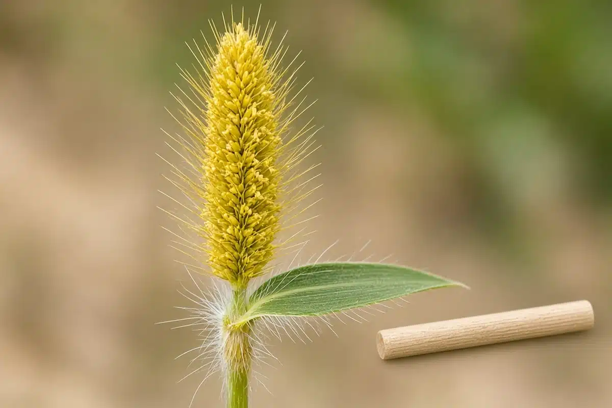 Yellow foxtail bristly yellow seed head and leaf blade beside a wooden dowel