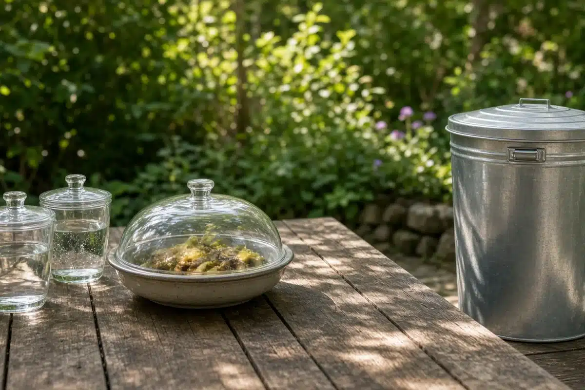 Covered drinks and a sealed trash can to keep wasps away outdoors