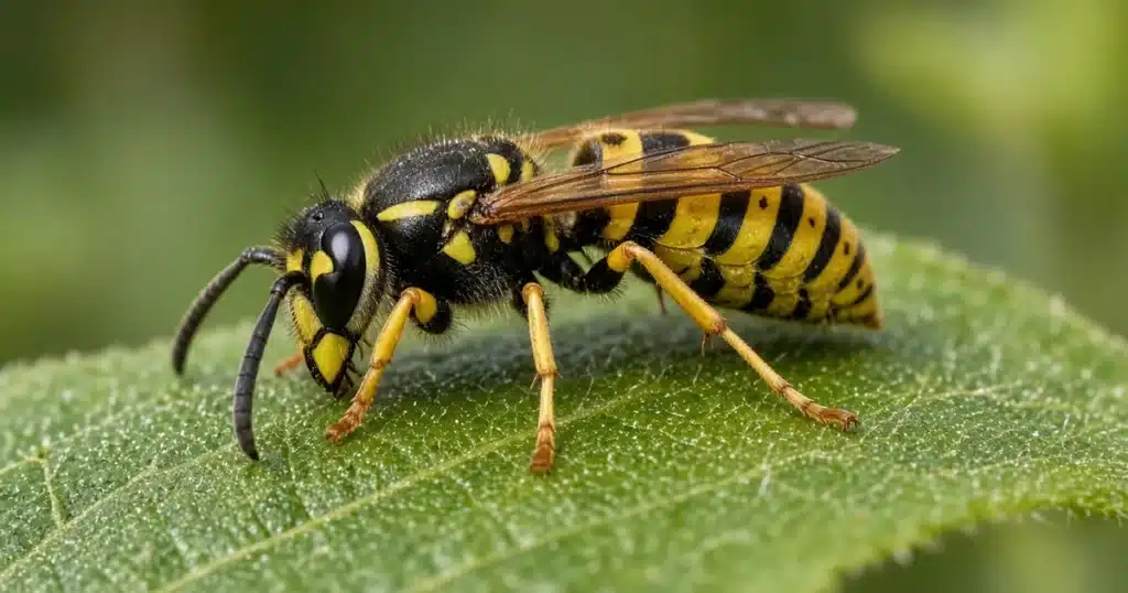 Yellowjacket with yellow and black stripes resting on a garden leaf