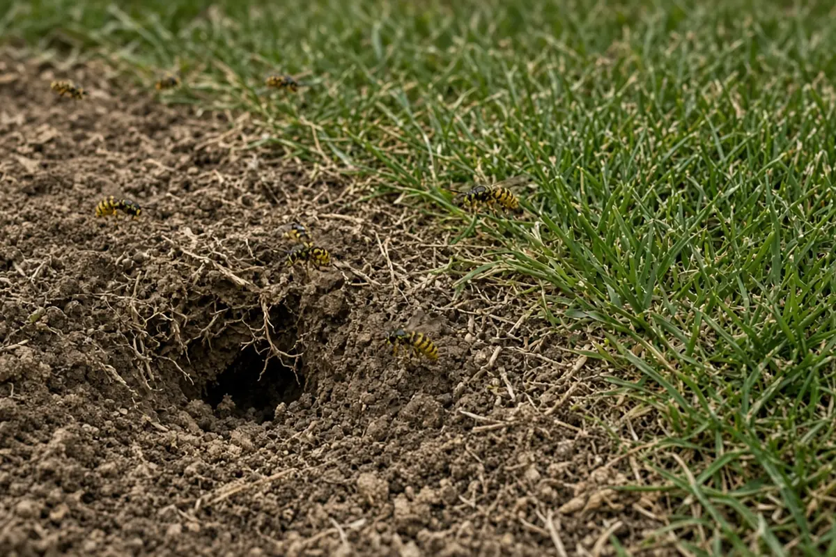 Yellowjackets at a ground nest entrance at a lawn edge