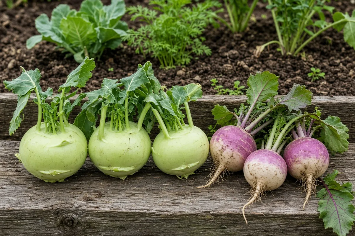 Kohlrabi and turnips side by side