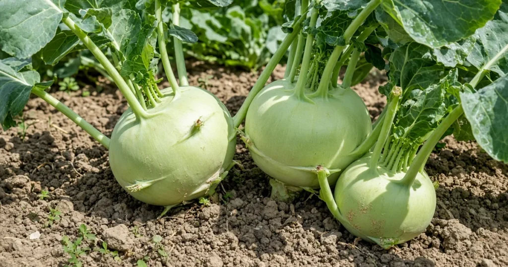 Oversized kohlrabi bulbs in a summer garden bed