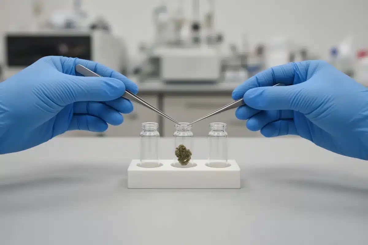 Gloved hands testing a cannabis sample in a lab