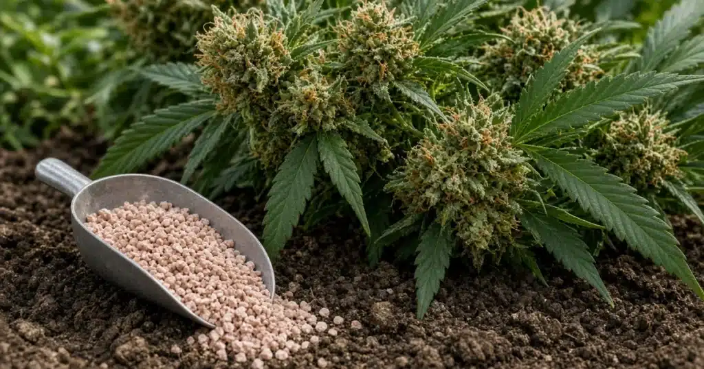 Pinkish granular langbeinite crystals in a metal scoop set down on loose soil around a flowering cannabis plant