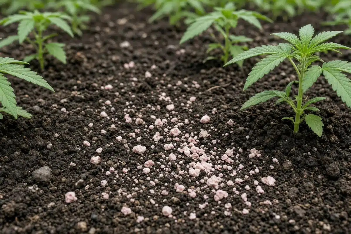 Scattered pale pink mineral granules resting on moist dark garden soil between rows of young plants