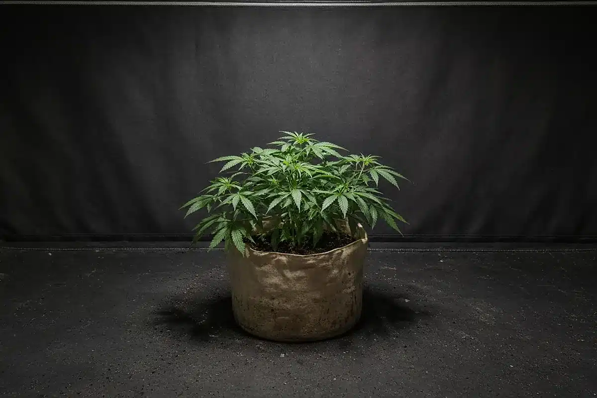 Large fabric pot with a vigorous veg plant