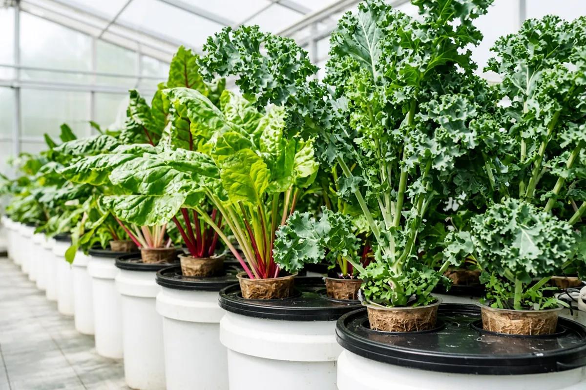 Large leafy plants in a deep water culture system