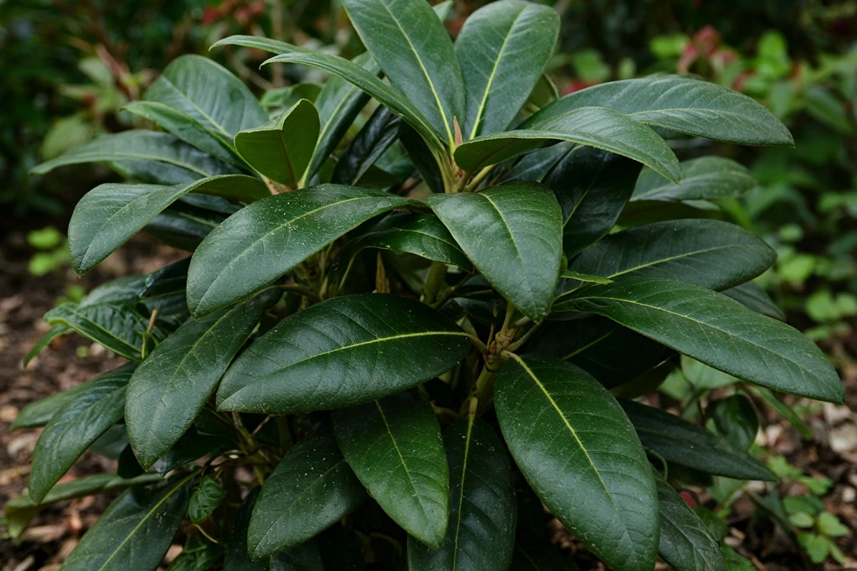 Large leathery rhododendron leaves
