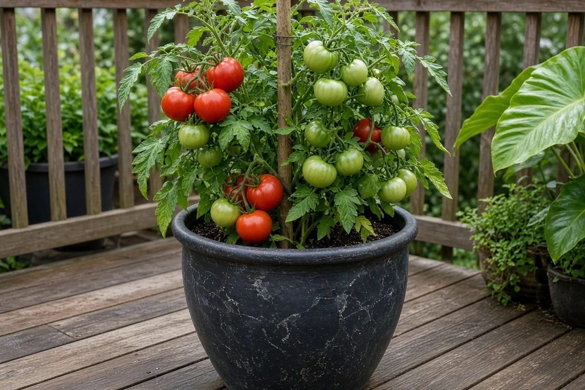 Large pot of tomatoes on a patio