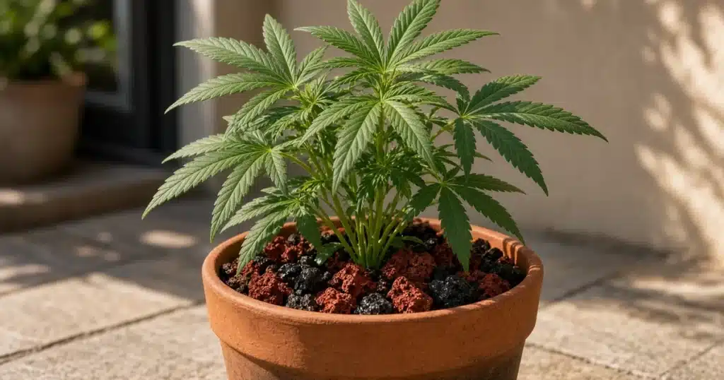 Red and black lava rock pieces blended into potting mix in a terracotta pot with a cannabis plant on a sunny patio
