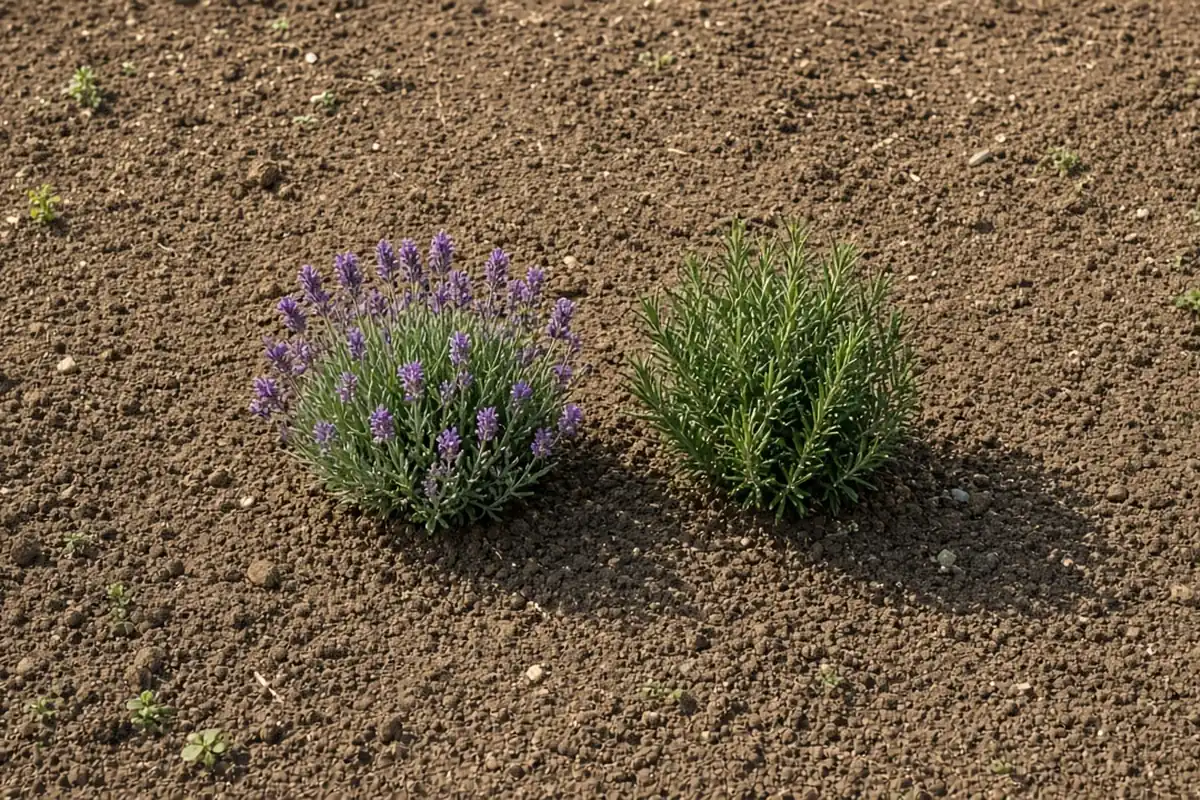 Lavender and rosemary growing in a garden bed