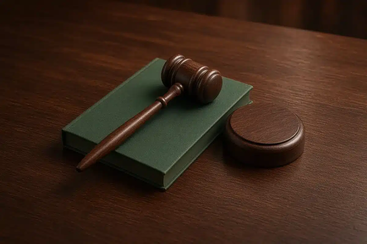 Law book and gavel on a desk