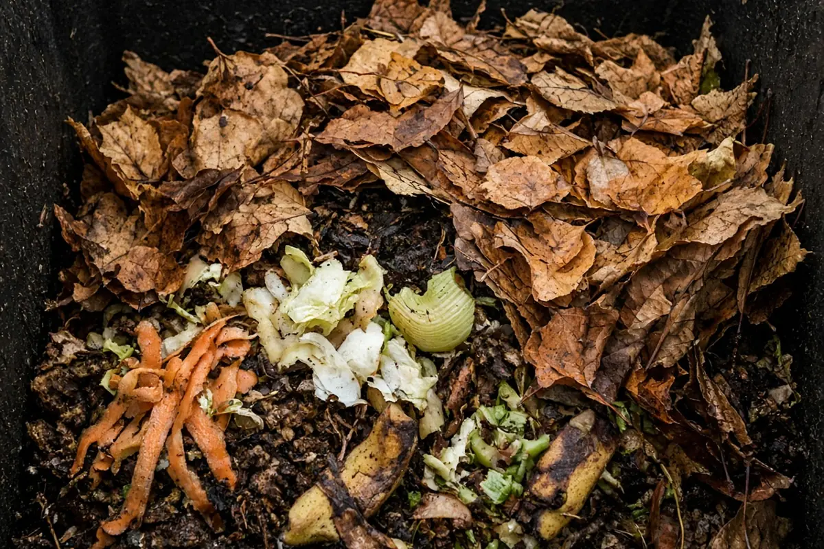 Layer of dry leaves over kitchen scraps