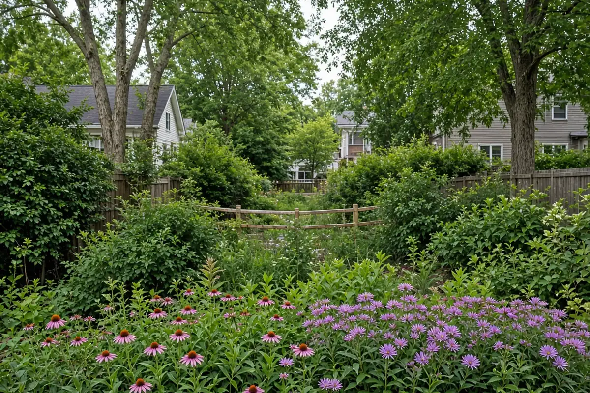 Layered native plants linking two yards