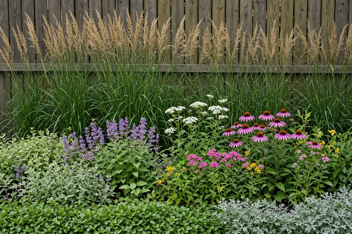 Layered planting along a fence line