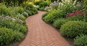 Herringbone brick path through a garden