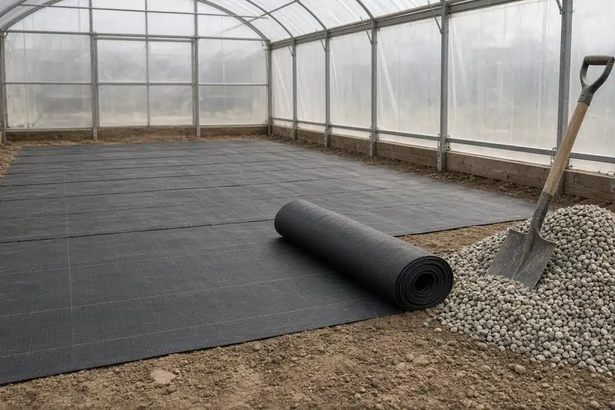 Black woven weed fabric rolled out across a leveled greenhouse floor beside a pile of pea gravel
