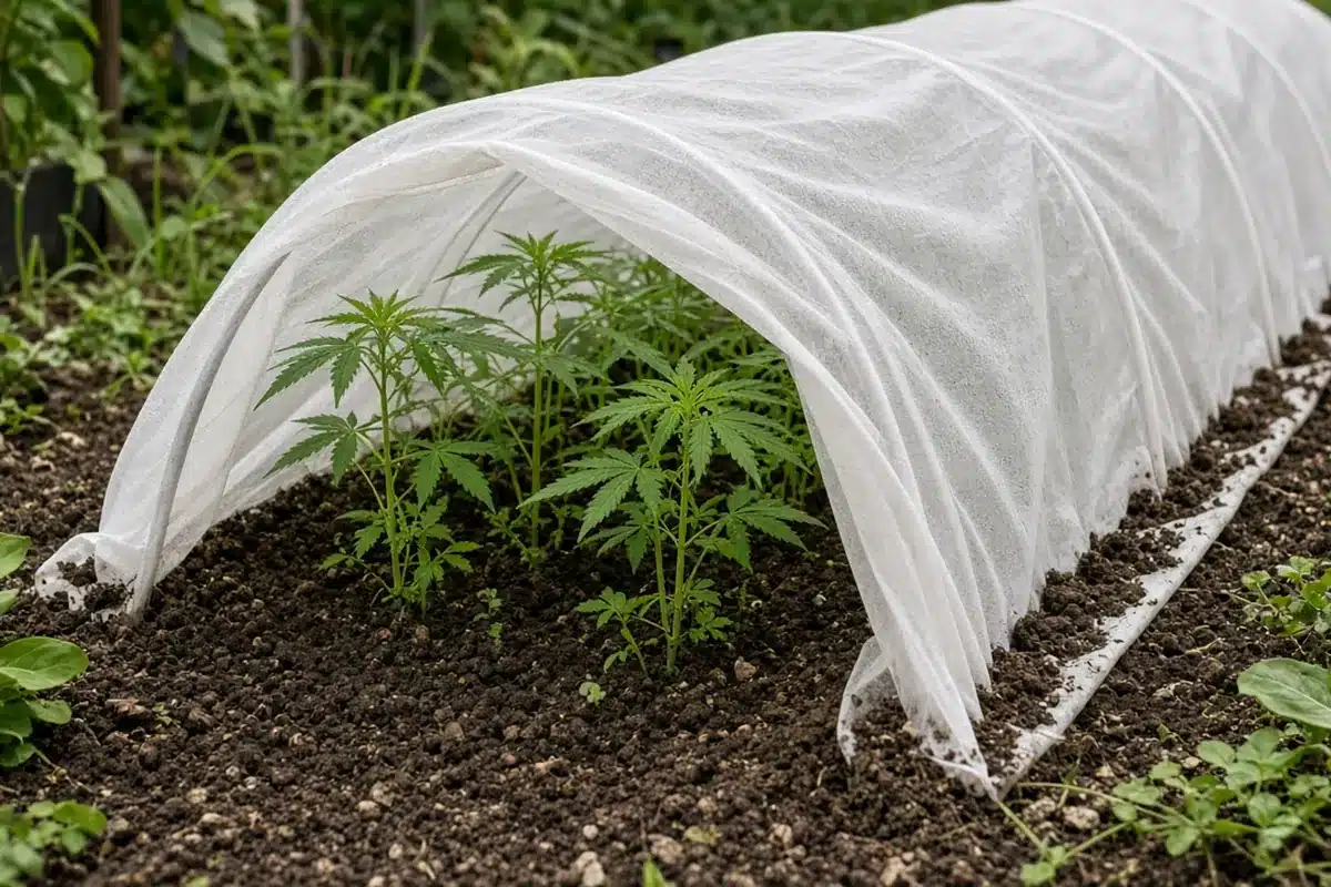 Photo-style illustration of a white fabric cover on low hoops over young cannabis plants in a garden bed