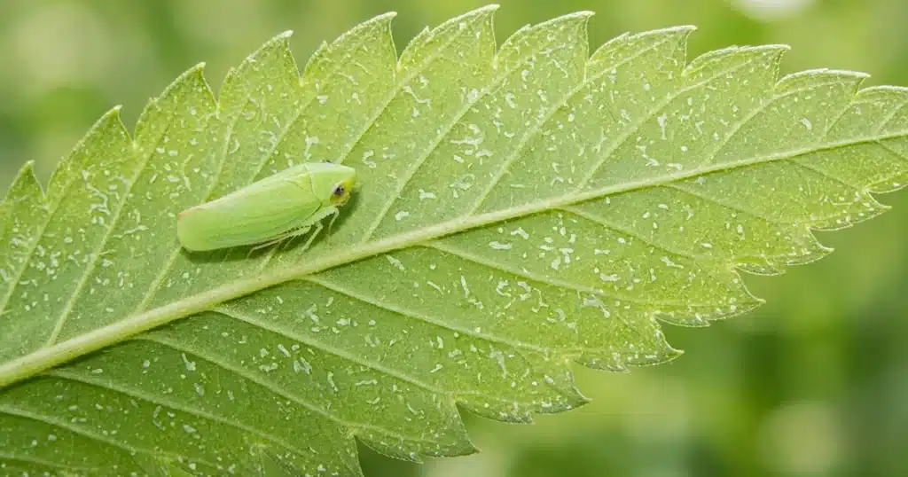 Light green leafhopper on a cannabis leaf with white stippling damage