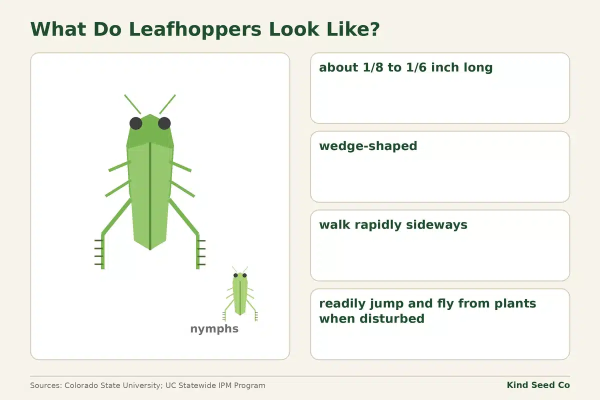 Diagram of an adult leafhopper and a wingless nymph, with size, wedge shape, sideways walking and jumping noted