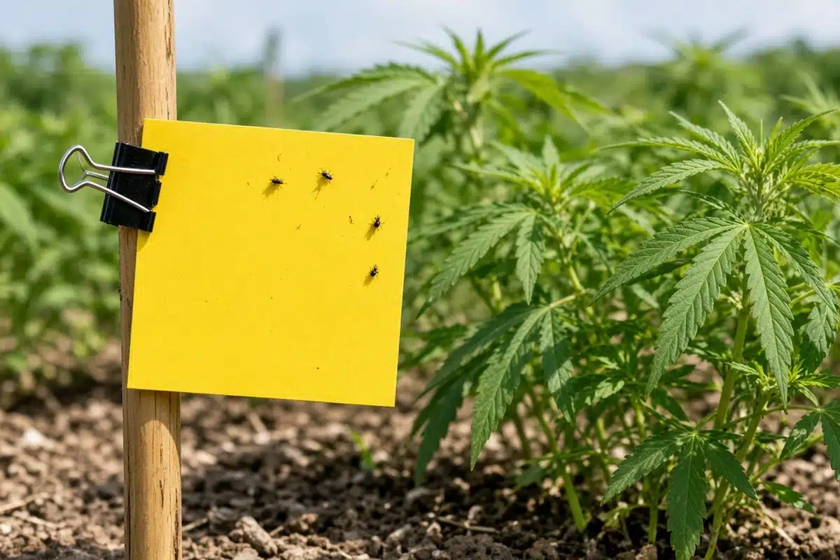 Photo-style illustration of a yellow sticky card with trapped insects on a stake beside young outdoor cannabis plants