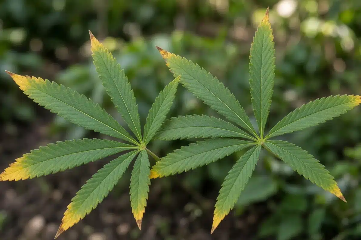Photo-style illustration of outdoor cannabis fan leaves with leaflet tips turning yellow and brown