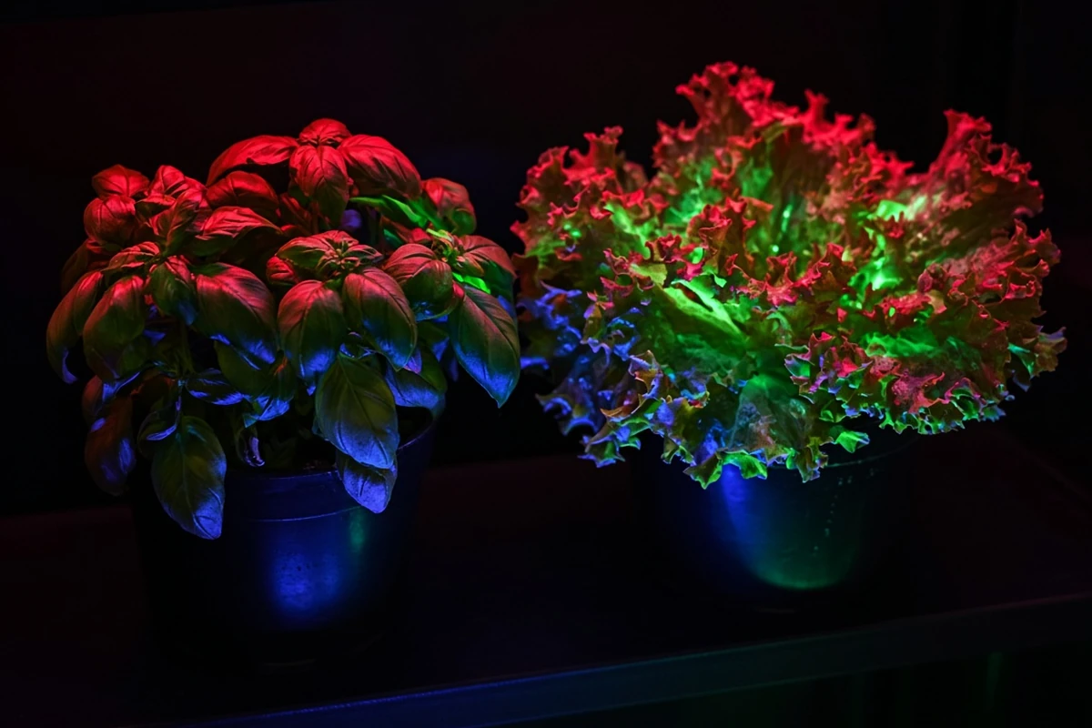 Leafy plants lit by red, blue and green LEDs