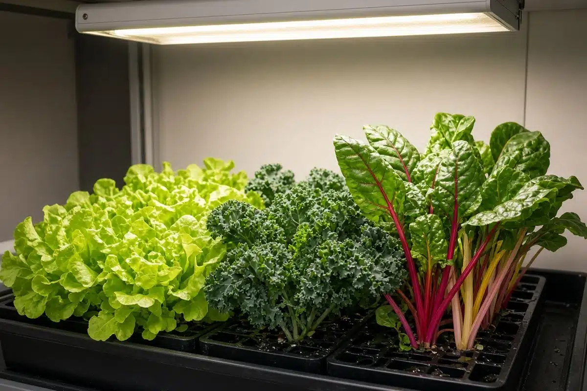 Leafy plants under an LED fixture on a shelf