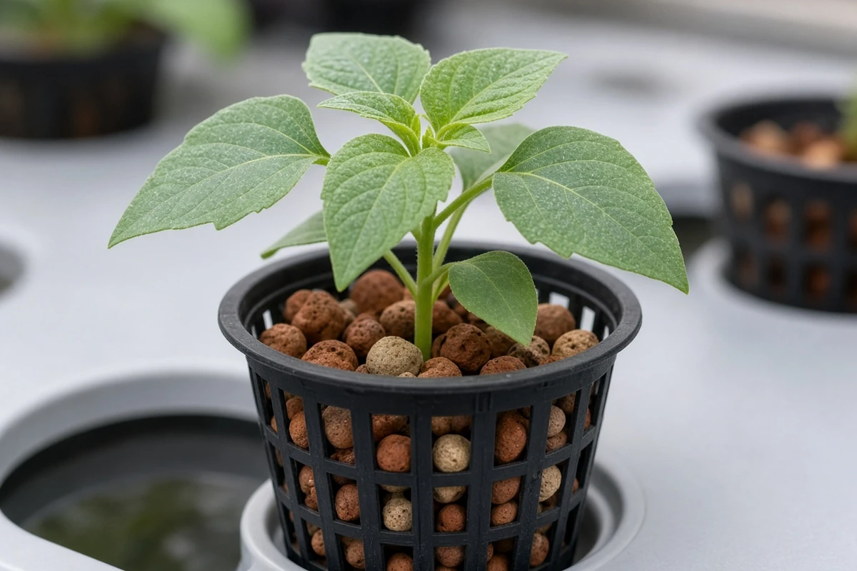 Leafy seedling in a net cup