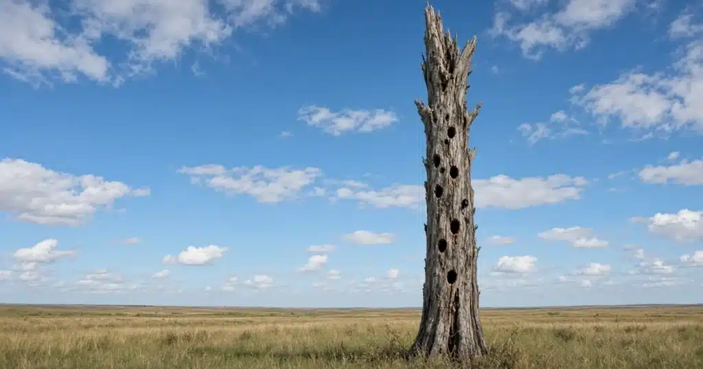 Tall dead tree snag with woodpecker holes in an open field