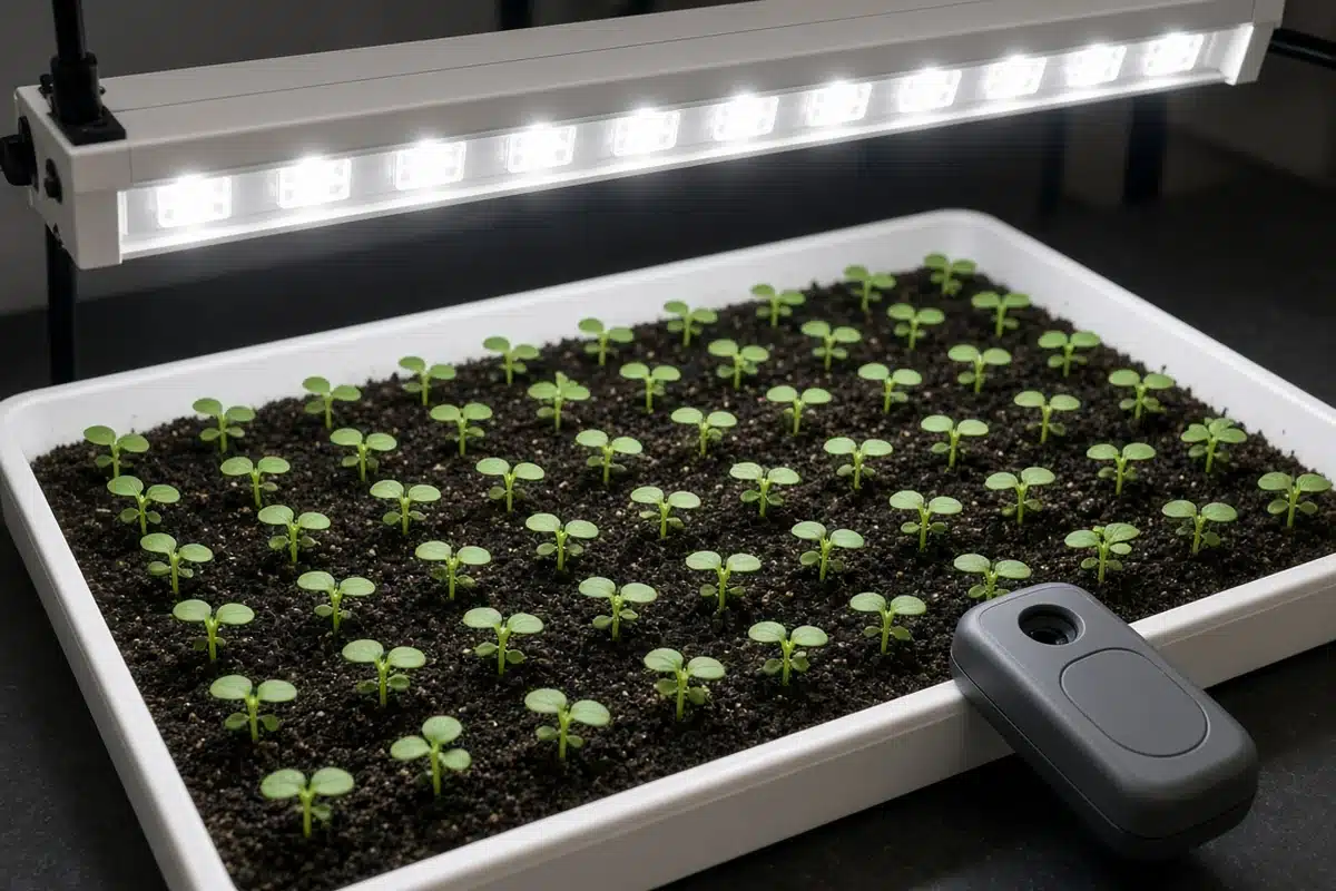 LED fixture over seedlings during a light check