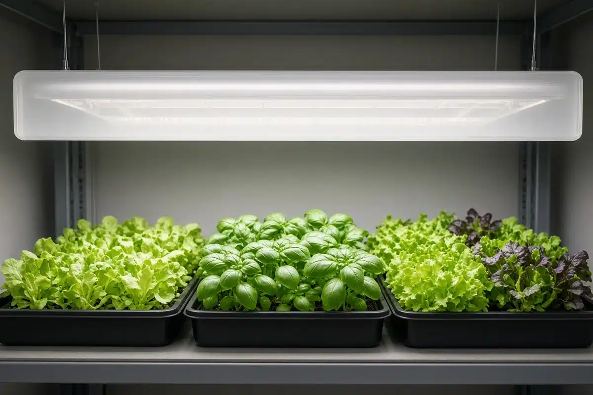 LED fixture with cover over seedlings