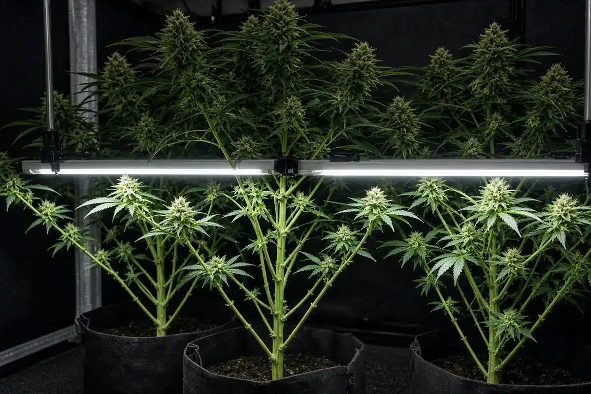 Slim LED light bars mounted below the canopy of flowering cannabis plants, lighting the lower bud sites inside a grow tent