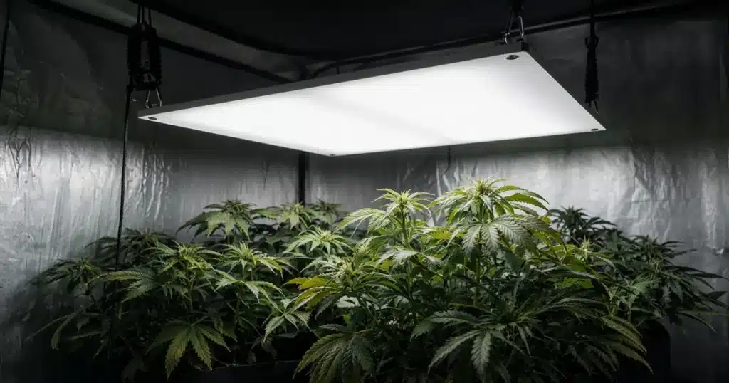 LED grow light hanging above a cannabis canopy in a grow tent