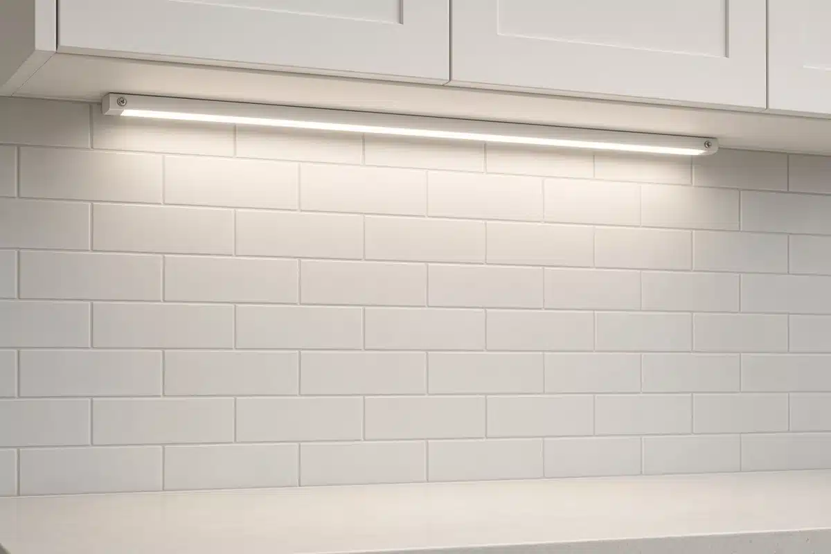 LED strip fixture mounted under a kitchen cabinet