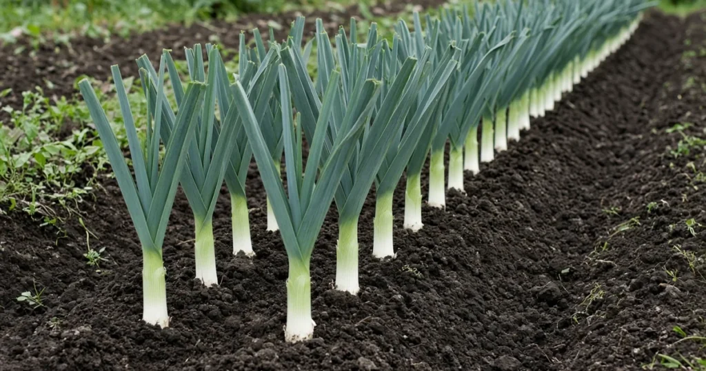 Row of leeks with long white stems in dark soil