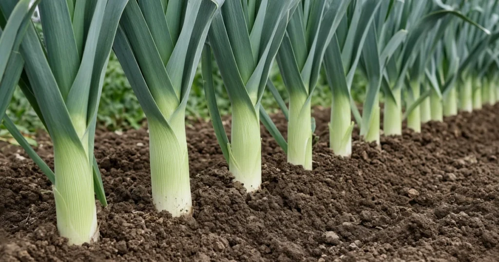 Row of tall leeks hilled with soil