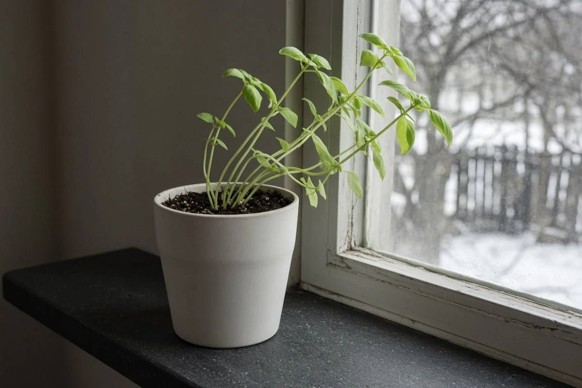 Leggy pale basil stretching toward a dim window in winter