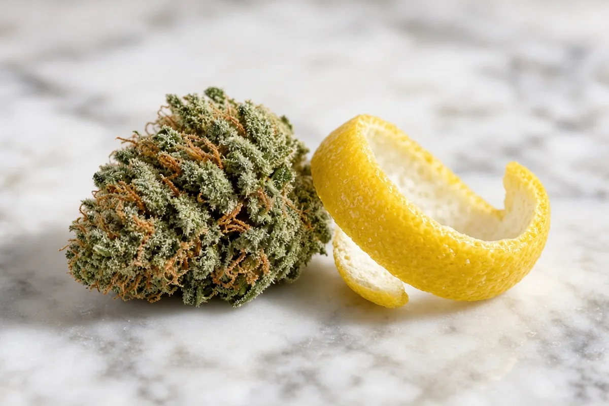 Lemon peel beside a cannabis bud