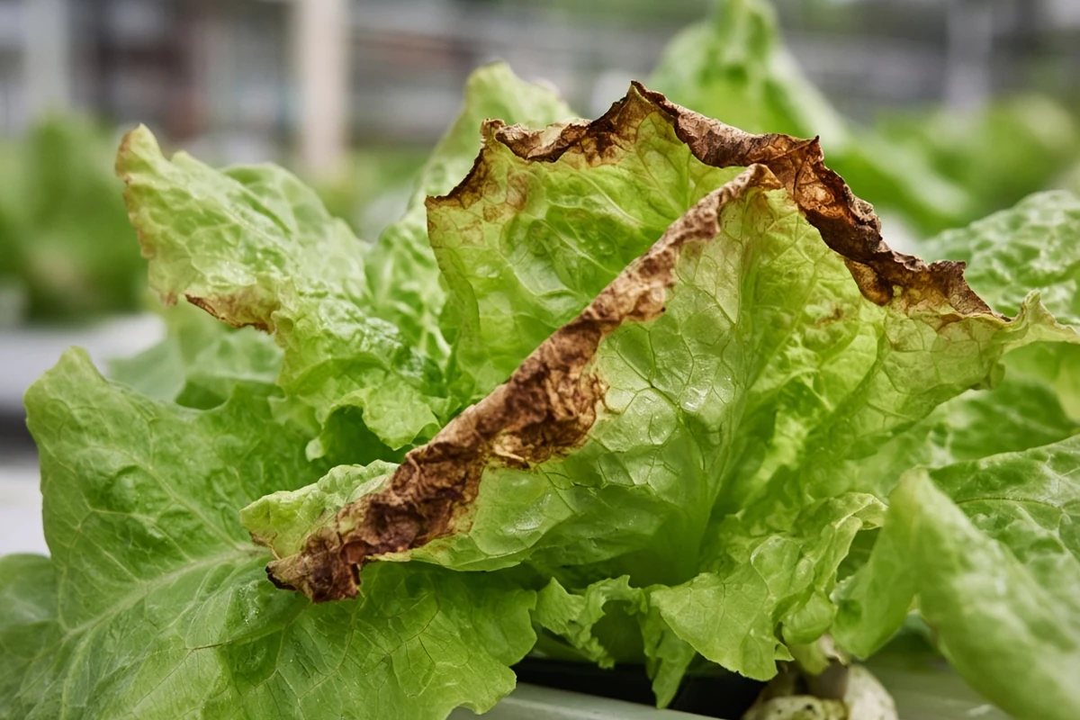 Lettuce leaf with brown curled tips