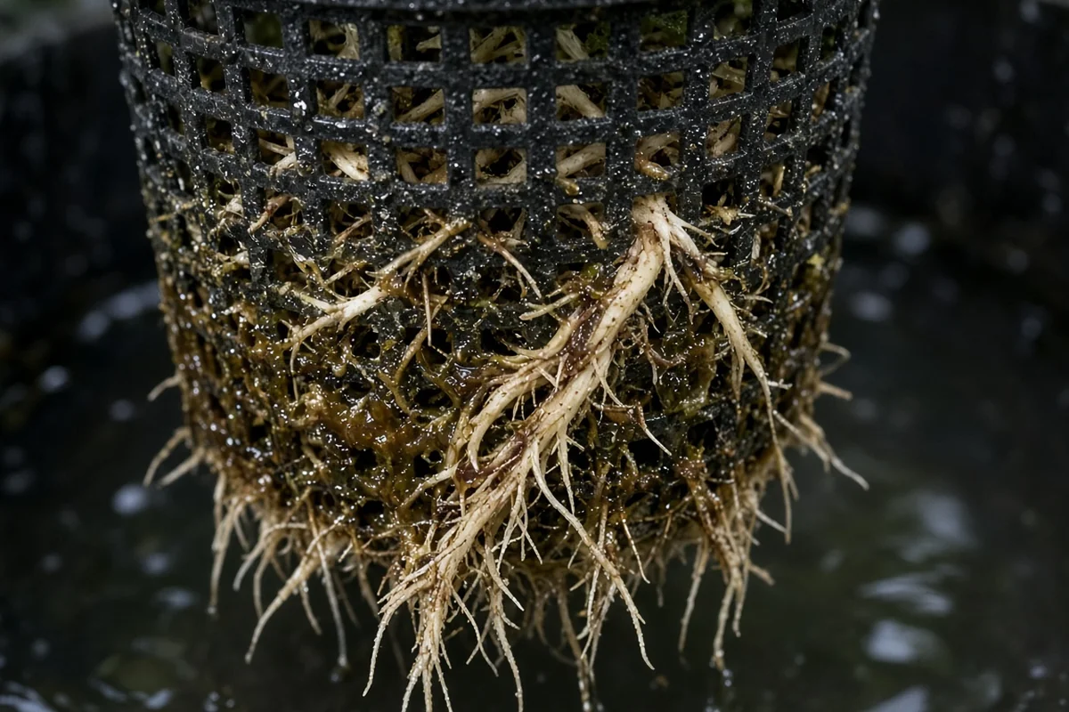 Lettuce roots coated in brown residue in a hydroponic net cup