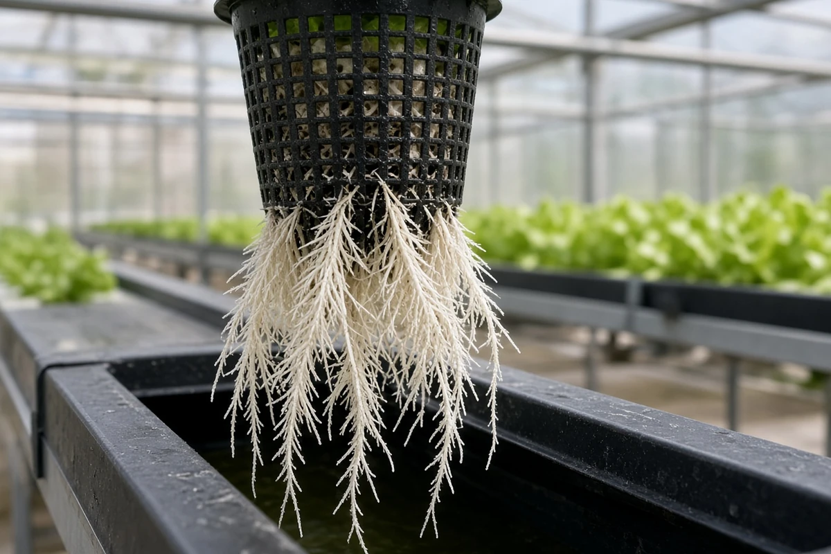 Lettuce roots hanging below a net cup over a channel