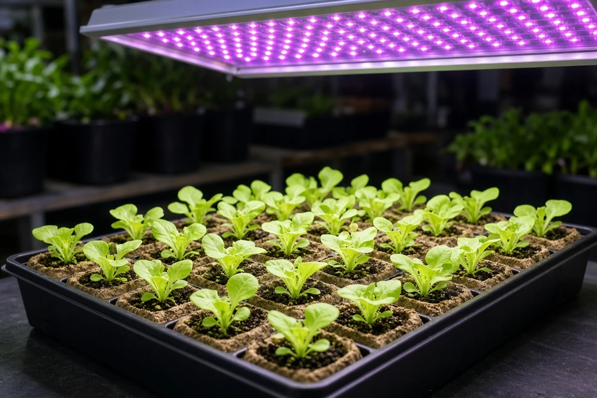 Lettuce seedlings under a grow light